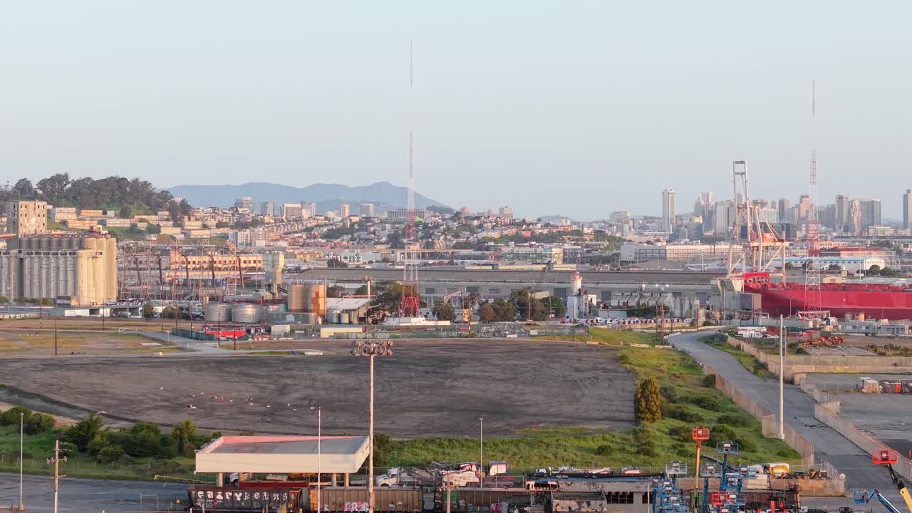 Sunrise aerial view of the neighborhood of India Basin in San Francisco California.