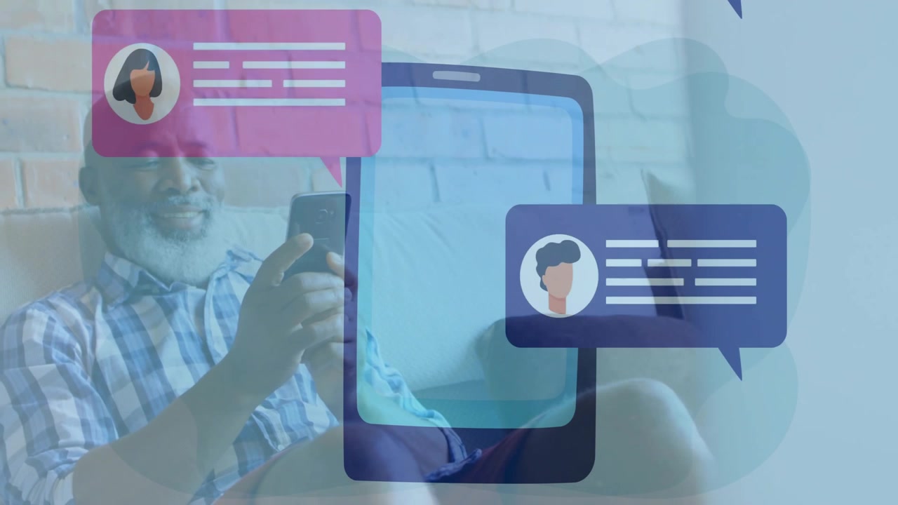 Senior Man Using Smartphone with Social Media Notification Graphics