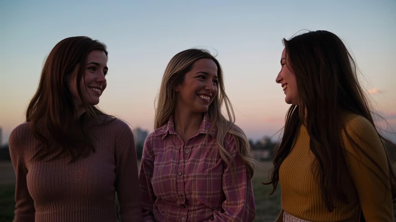 Donna al centro che si gira e sorride verso destra, un trio che si tocca in un parco al crepuscolo, con una camicia a quadri che mostra il loro legame.