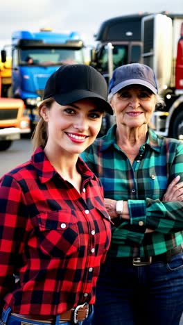 two female drivers standing near their truck, ready for the road.