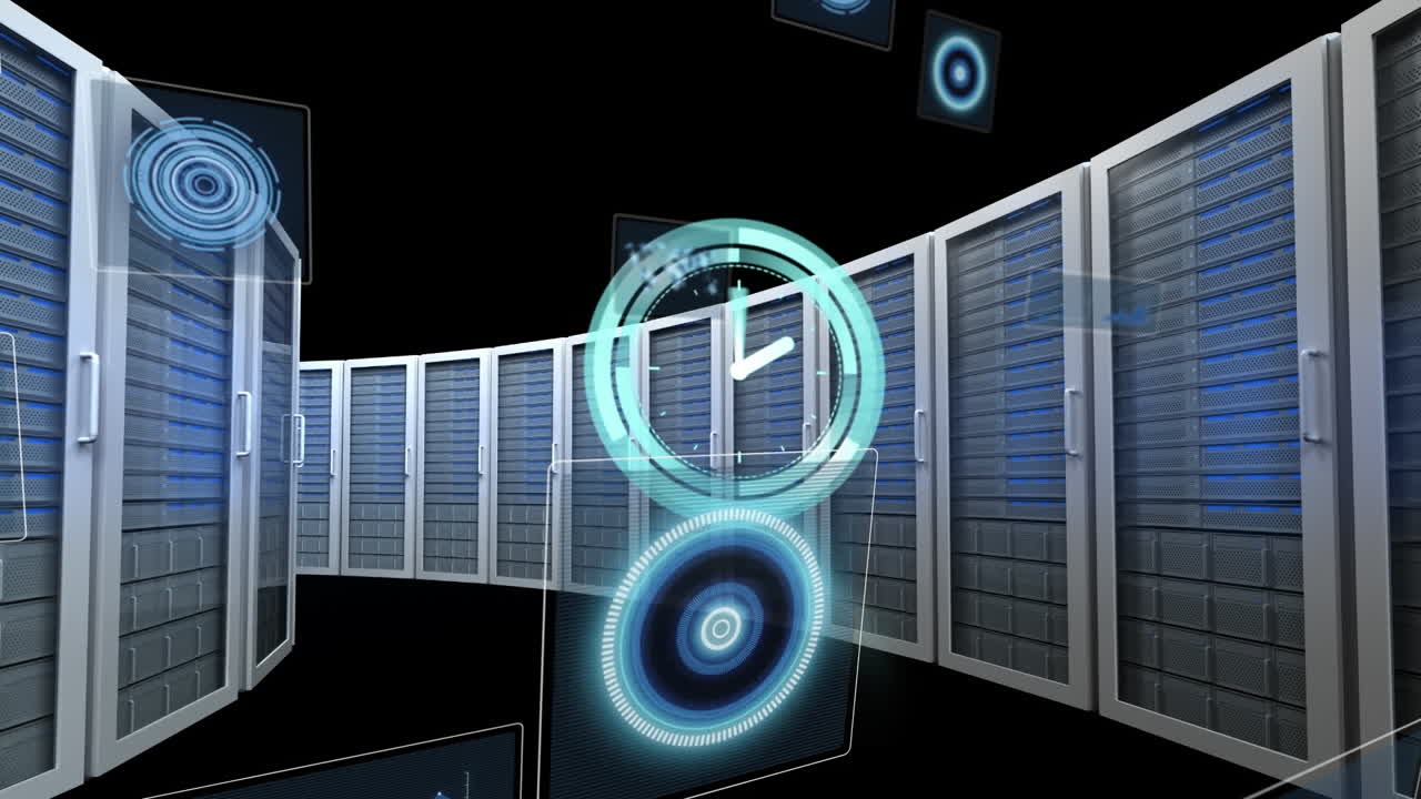 Animation of clock, scopes scanning and data processing over computer servers