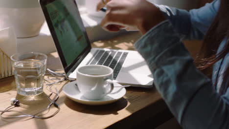 close up african american woman using smartphone camera taking photo of coffee sharing social media lifestyle enjoying relaxing at home working on laptop computer browsing internet connection