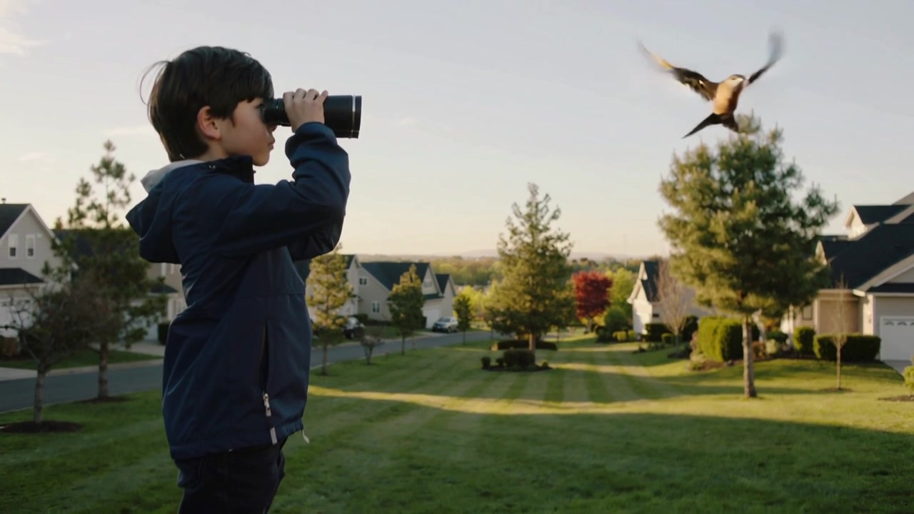 Tracking boy in hooded jacket on wall, shifting binoculars to spot bird from right, copy space