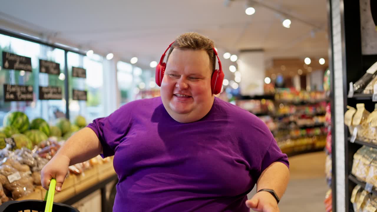 un hombre feliz con una camiseta púrpura y auriculares rojos baila y camina a lo largo de los mostradores en un gran supermercado. disparo en primer plano de un hombre feliz con sobrepeso bailando en un supermercado