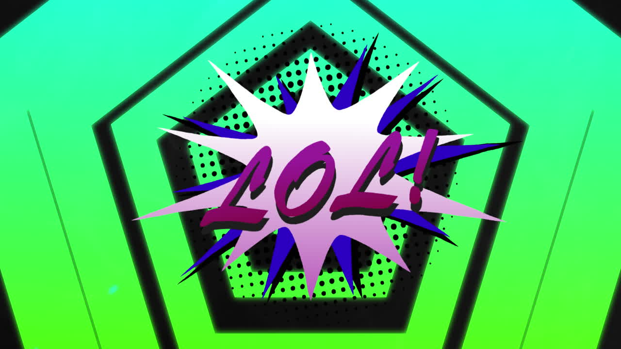 animación de texto lol sobre formas verdes sobre fondo negro