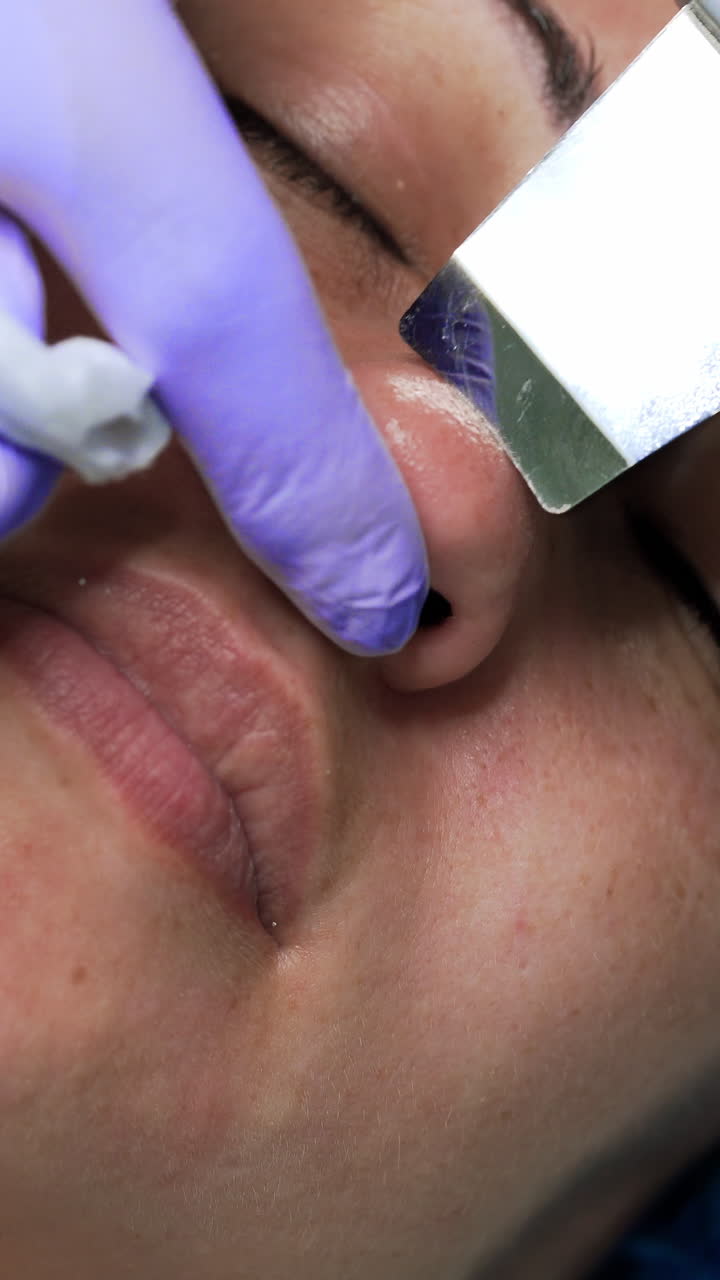Caucasian woman undergoing skincare procedures. Beauty master uses ultrasonic scrubber for cleansing nose skin pores. Extreme close up. Vertical video