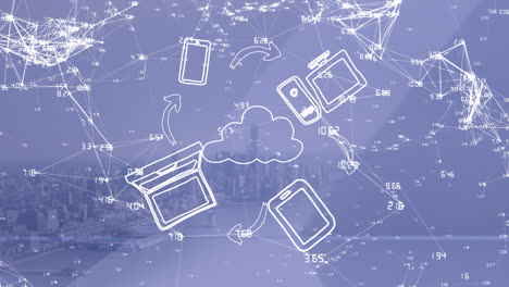 animation of netwok of digital icons and network of connections against aerial view of cityscape