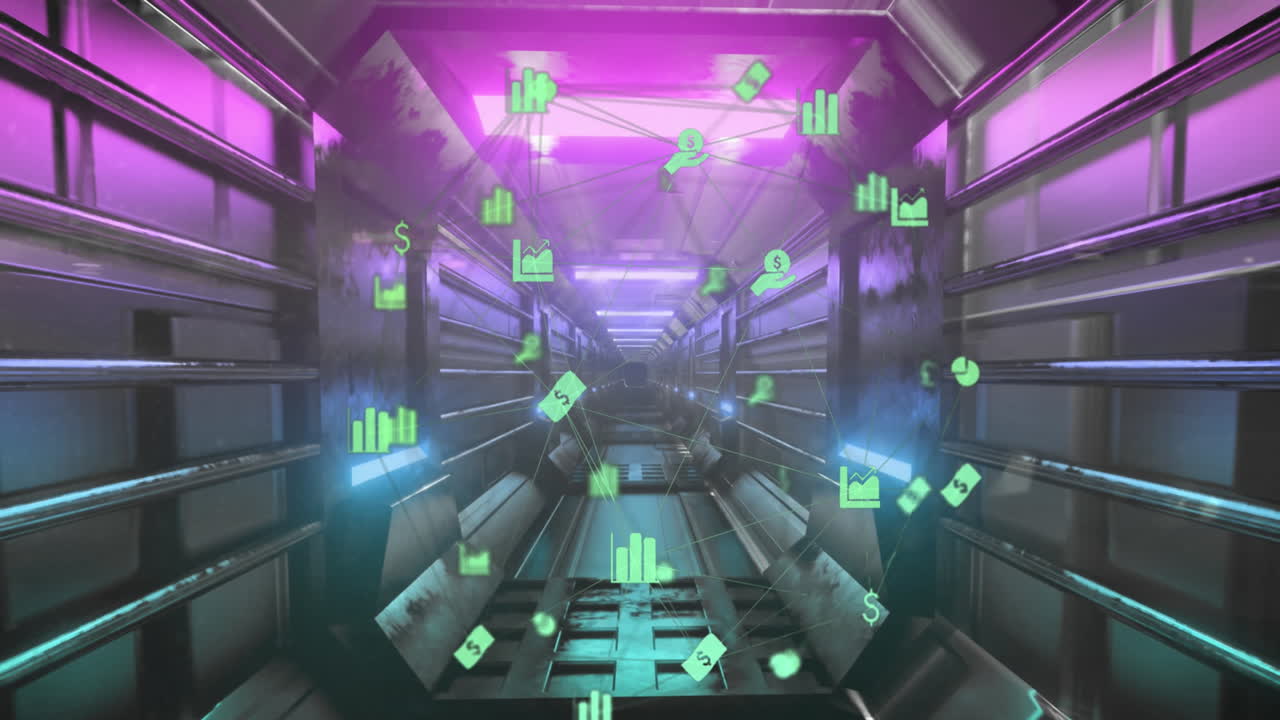 Animation of connected icons forming globe over futuristic tunnel in background