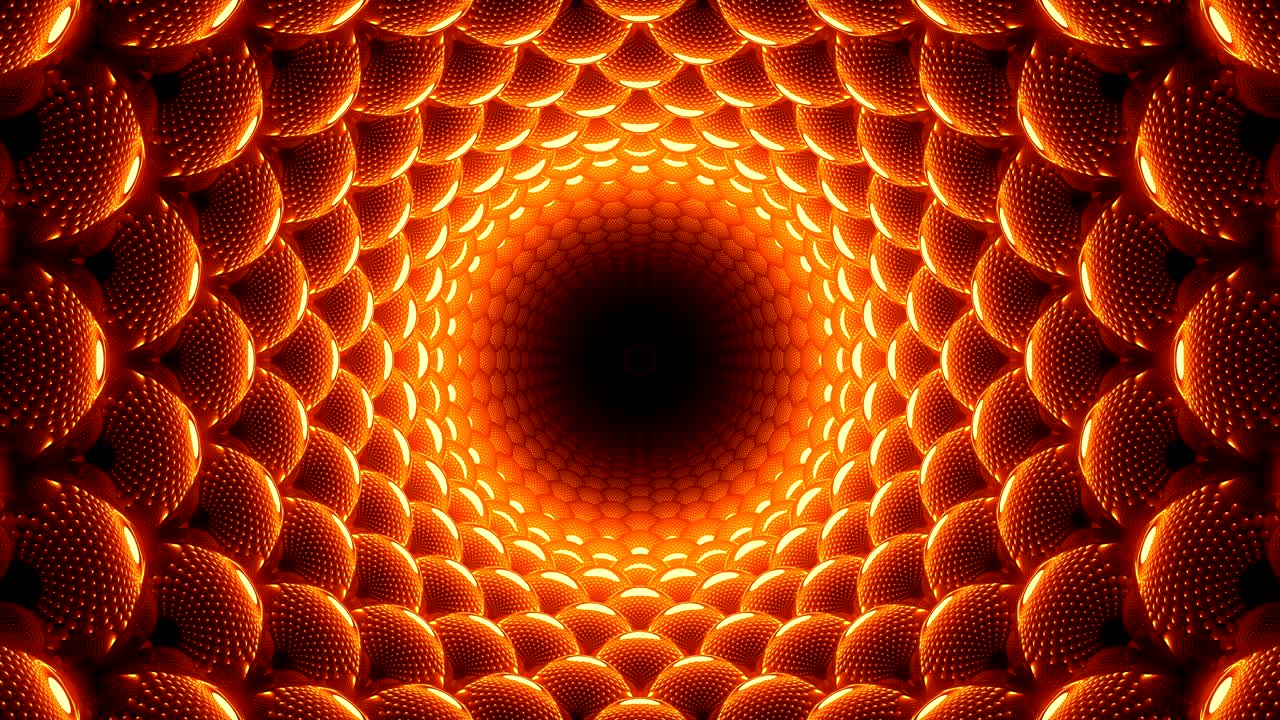 Luce che si muove attraverso un tunnel astratto fatto di sfere riflettenti, animazione in loop