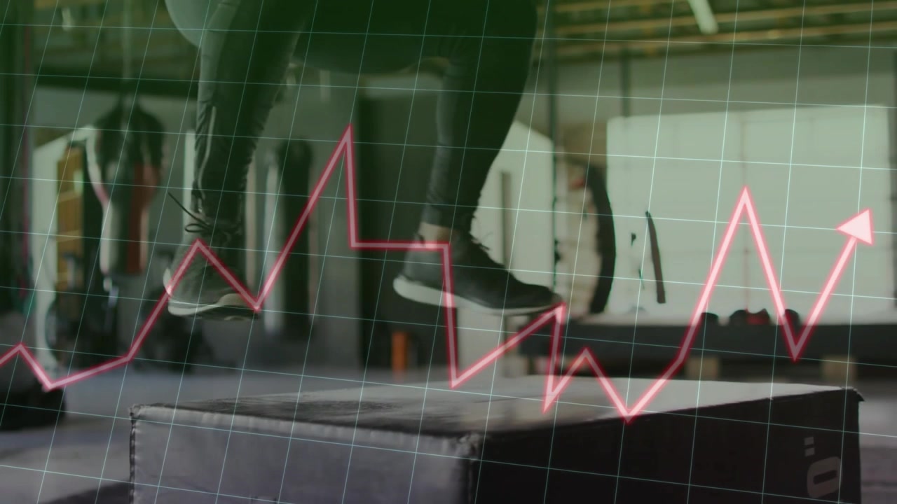 Man shifting weight, stepping onto padded box for fitness training, grid and pink graph syncing