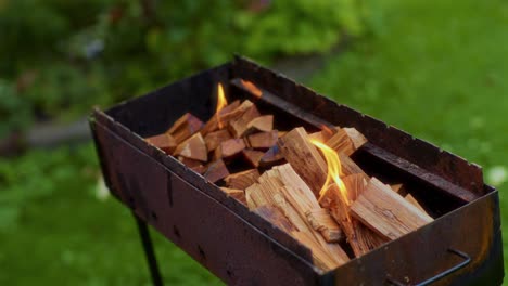 Male-hand-lights-barbecue-with-electronic-igniter-on-which-flames-emerge