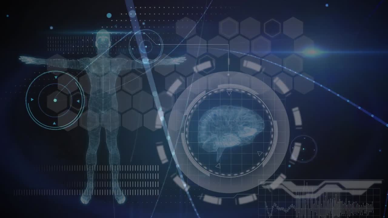 검은 바탕 위의 연결 네트워크와 의료 데이터 처리의 애니메이션