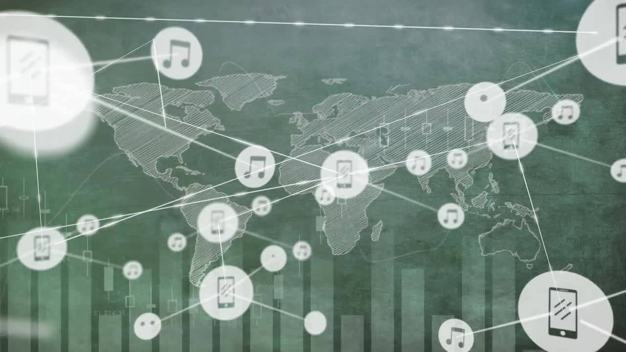 세계 지도와 연결된 네트워크를 통해 데이터 처리의 애니메이션