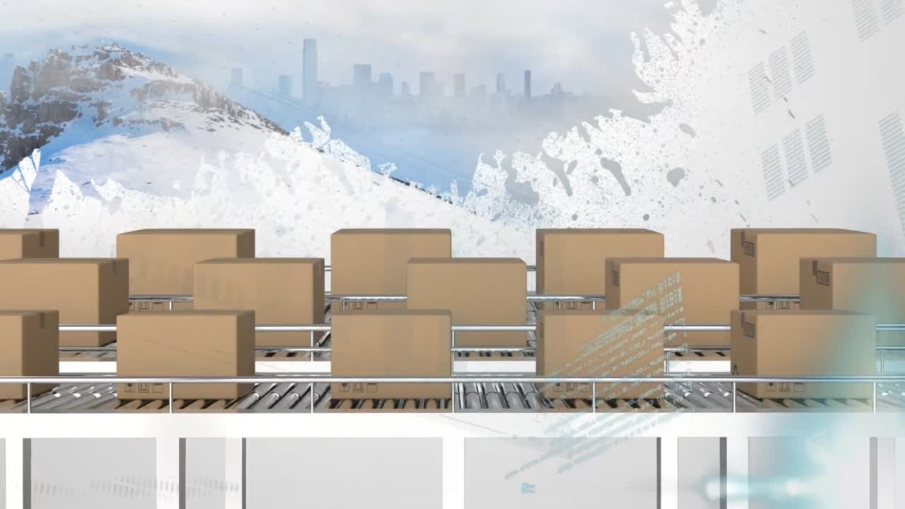 컨베이어 벨트와 도시 풍경에 있는 상자 위의 금융 데이터 처리 애니메이션
