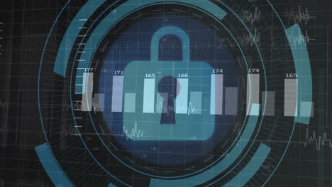 animation of digital data processing over padlock icon