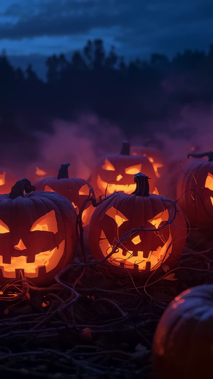 Vertical video: Dusk falling starting carved pumpkins flickering glow rising smoke in pumpkin patch