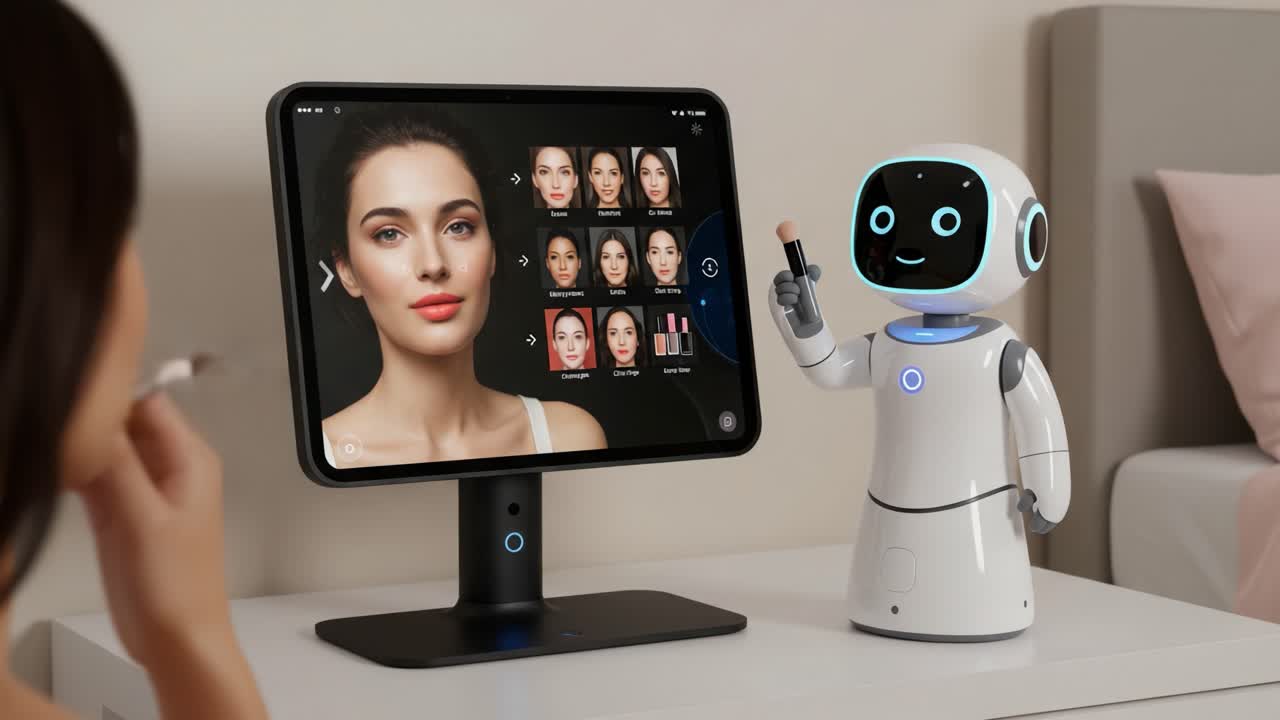 A futuristic scene where a friendly robot assists a user in applying makeup by providing a virtual mirror experience with facial recognition technology