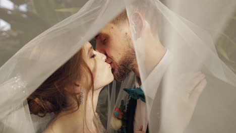 Newlyweds.-Caucasian-groom-with-bride-kissing-under-the-veil.-Wedding-couple