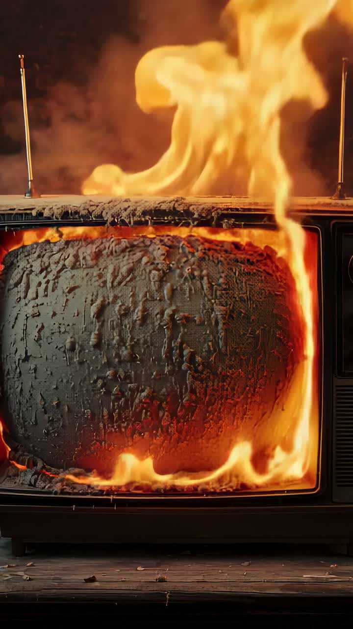 Video verticale: Scintille sul bordo destro, TV CRT in fiamme con schermo che si scioglie su legno, fumo, antenne.