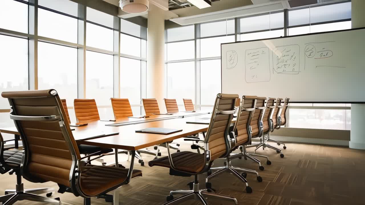 A conference room with a long table and chairs in front of a whiteboard