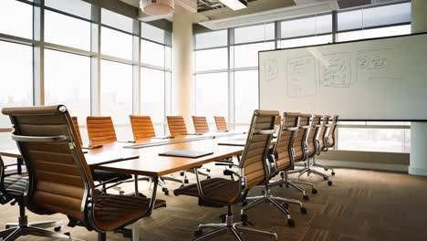 a conference room with a long table and chairs in front of a whiteboard