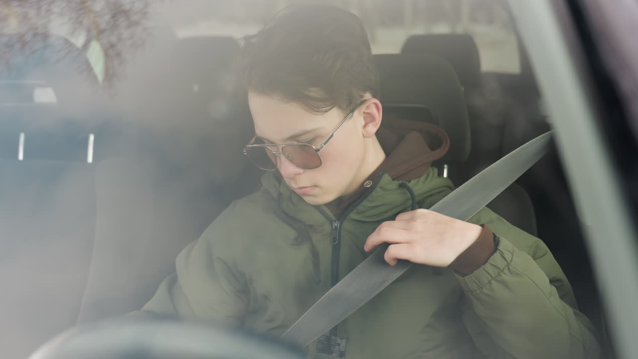 boy seen through windshield pulling seatbelt over shoulder inside parked car during winter, wearing green jacket and sunglasses, natural daylight and faint tree reflection on glass