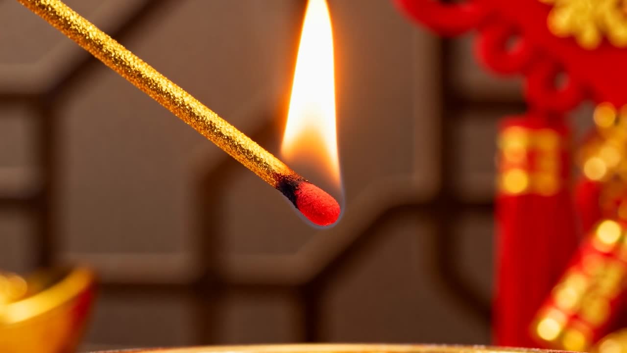 Flame growing on gold stick after red tip igniting, elongating above altar bowl, ritual offering