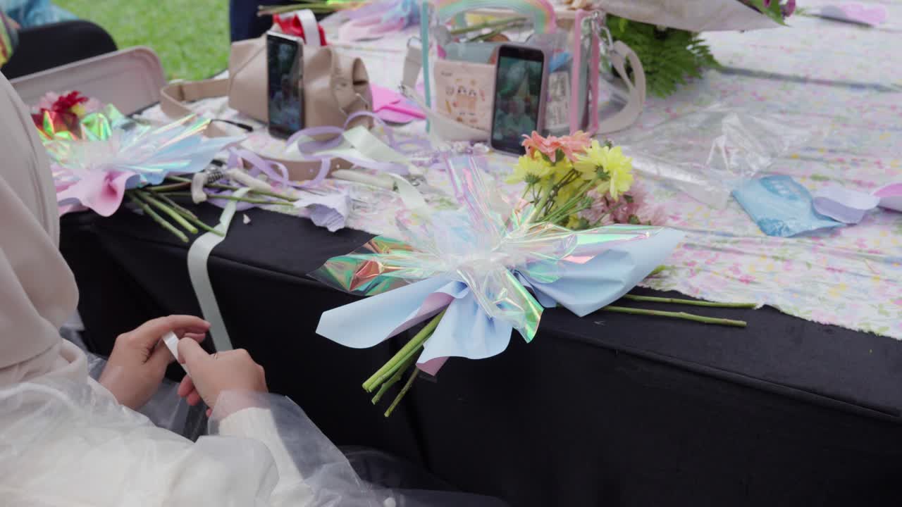 Girl makes paper flower with colorful petals at outdoor music festival Sunset di Kebun in Bogor, Indonesia