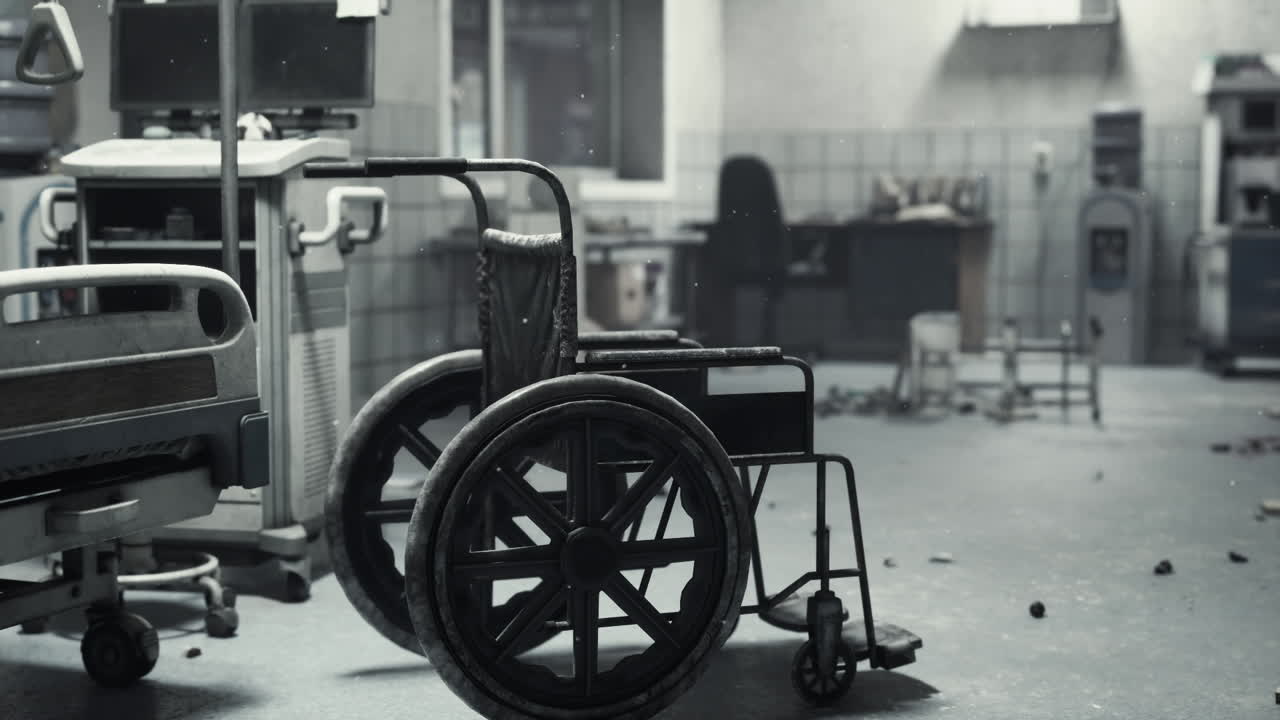 Abandoned and derelict hospital interior with a forgotten wheelchair
