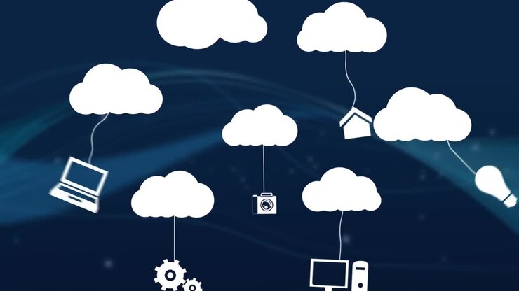 White cloud moving with networks icons on blue background