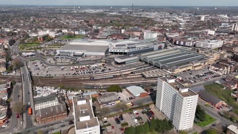 Aerial-static-overview-video-of-a-train-arriving-into-Paragon-train-station-in-Kingston-upon-Hull