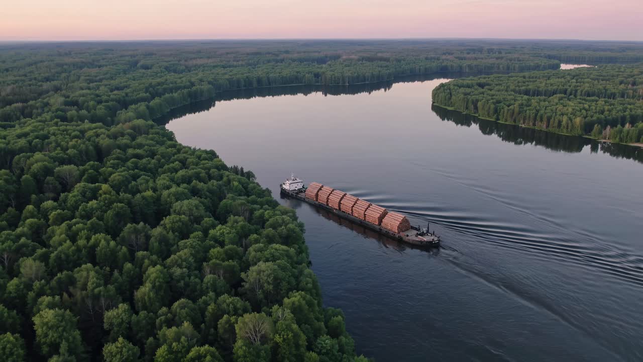 Aerial video captures a serene river bend with a barge carrying logs