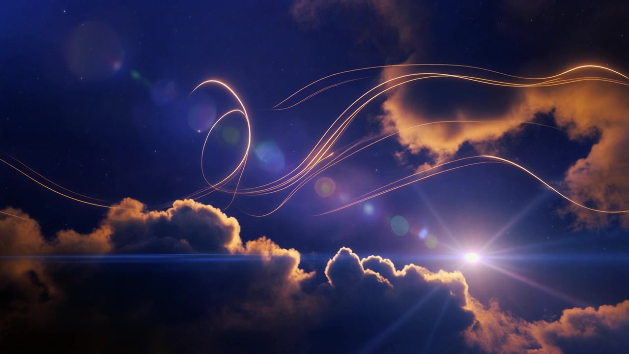 Abstract Golden Light Trails Moving Through Night Sky with Clouds