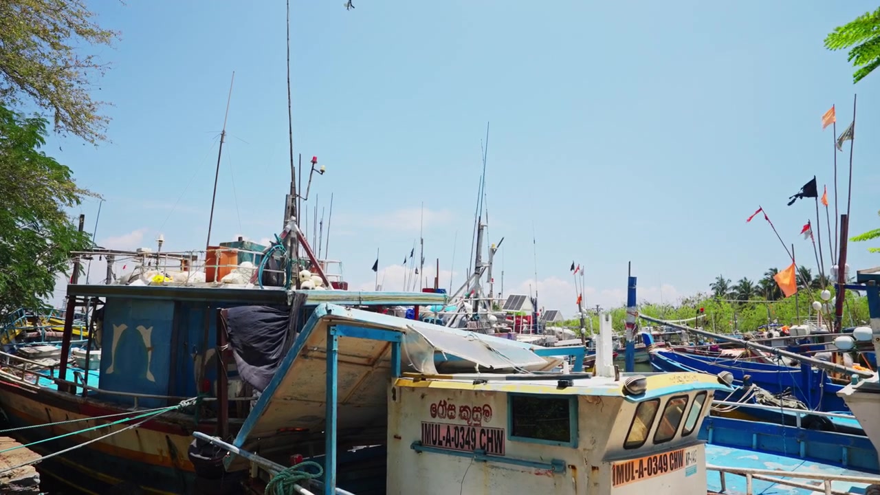 Vista cinematografica di barche da pesca ormeggiate in un porto dello Sri Lanka con acqua calma e atmosfera costiera.