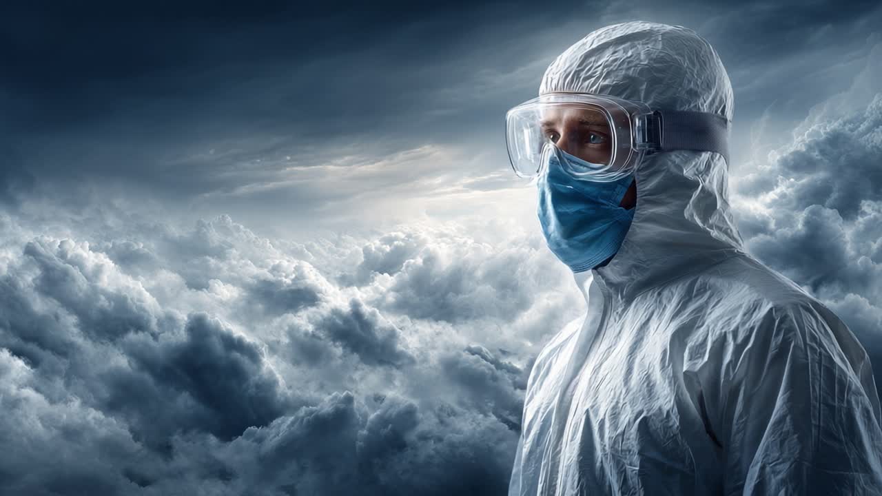 Una figura in equipaggiamento protettivo si staglia contro uno sfondo nuvoloso e drammatico, evidenziando temi di sicurezza, resilienza e la lotta contro minacce invisibili in un mondo incerto.