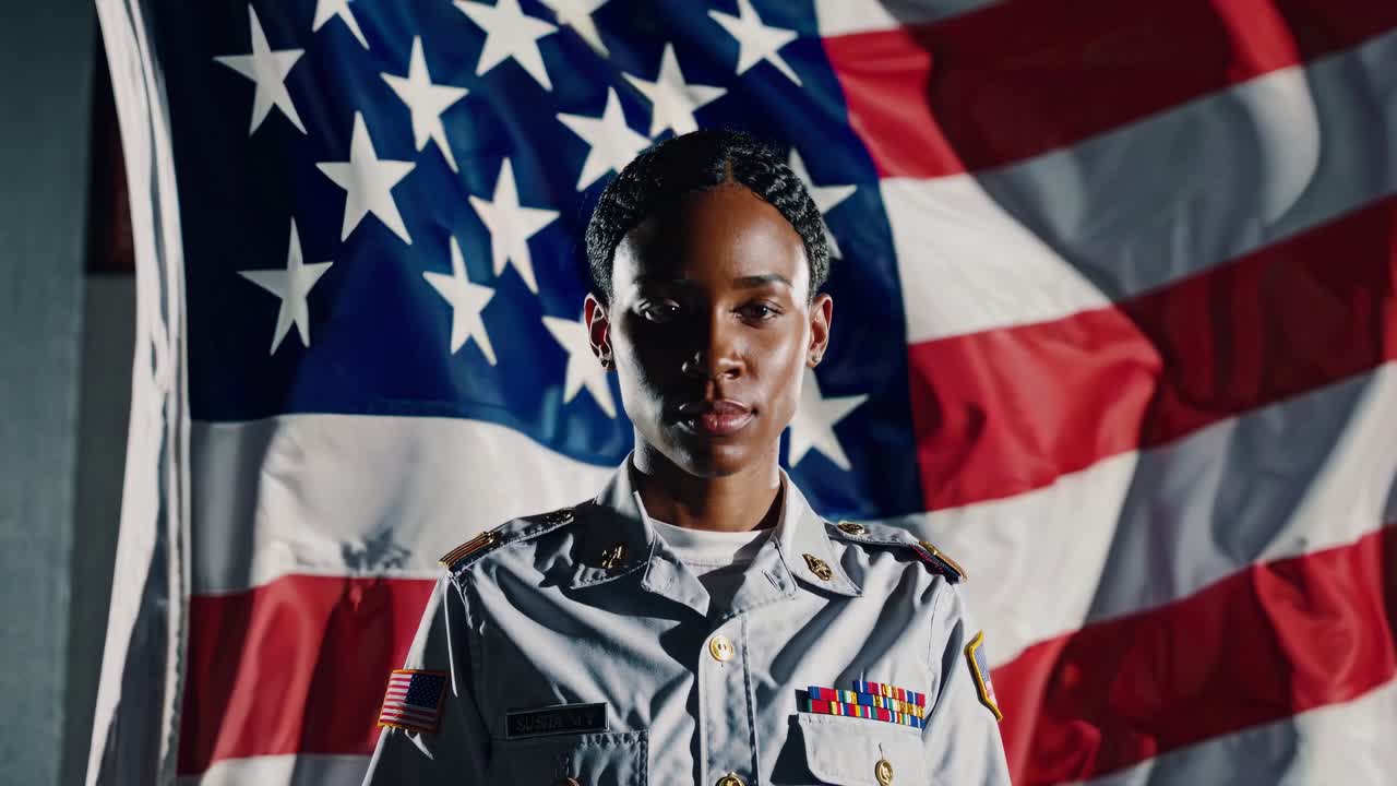 A soldier stands in front of a large American flag, captured from a low-angle