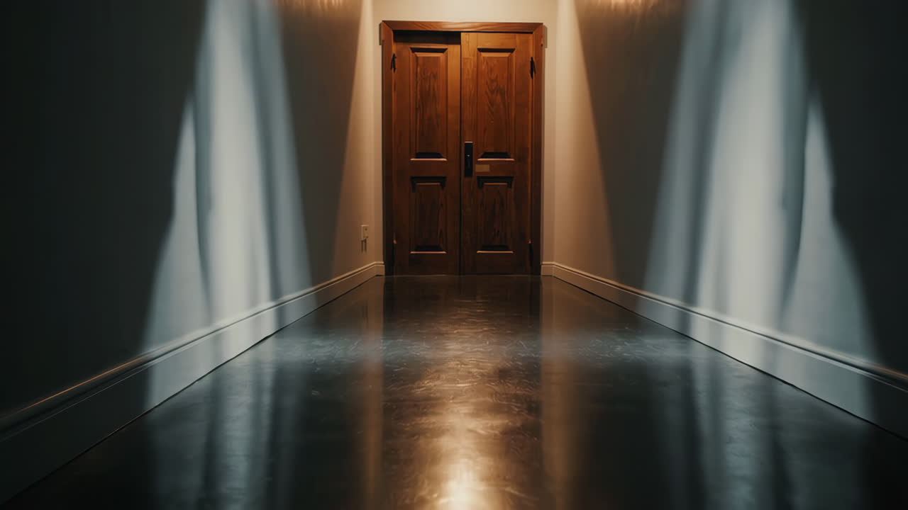 Elegant Empty Hallway with Wooden Door and Light Beams