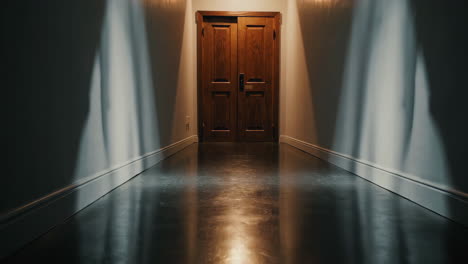 elegant empty hallway with wooden door and light beams