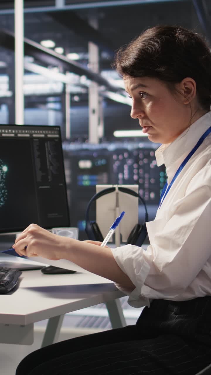 Vertical video Server room admin holding clipboard, following procedures