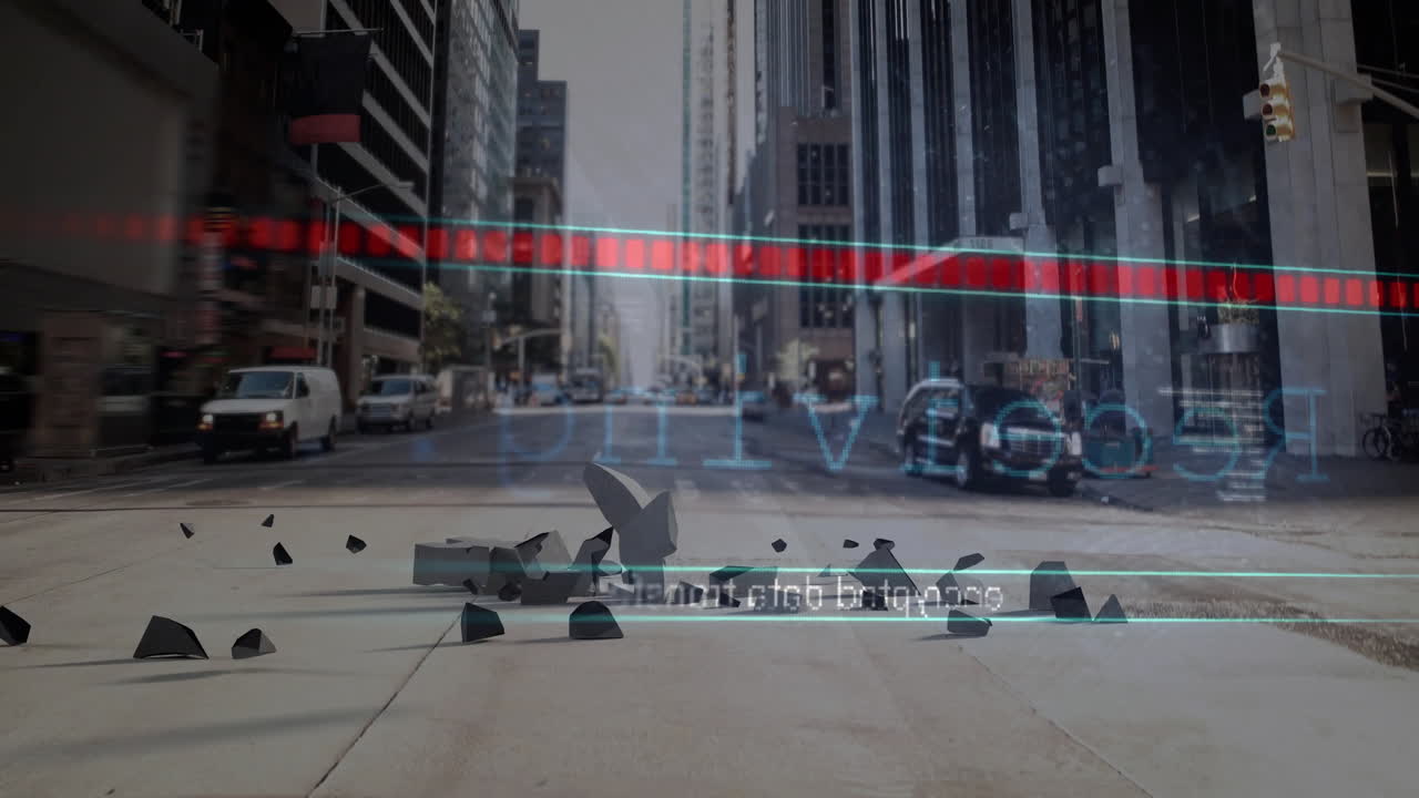 Abstract animation with digital text and broken shapes over urban street scene