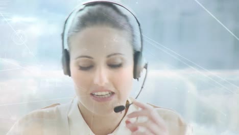 Animation-of-network-of-connections,-statistic-over-business-woman-using-phone-headsets