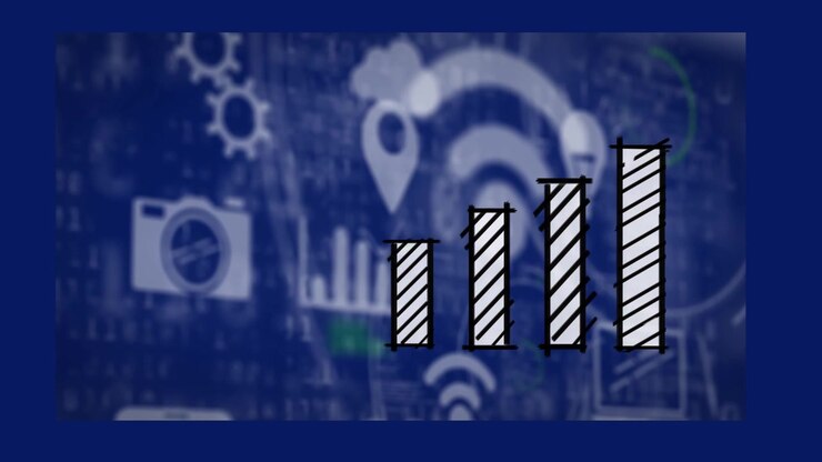 Animation of bar graph over multiple digital icons and data processing against blue background