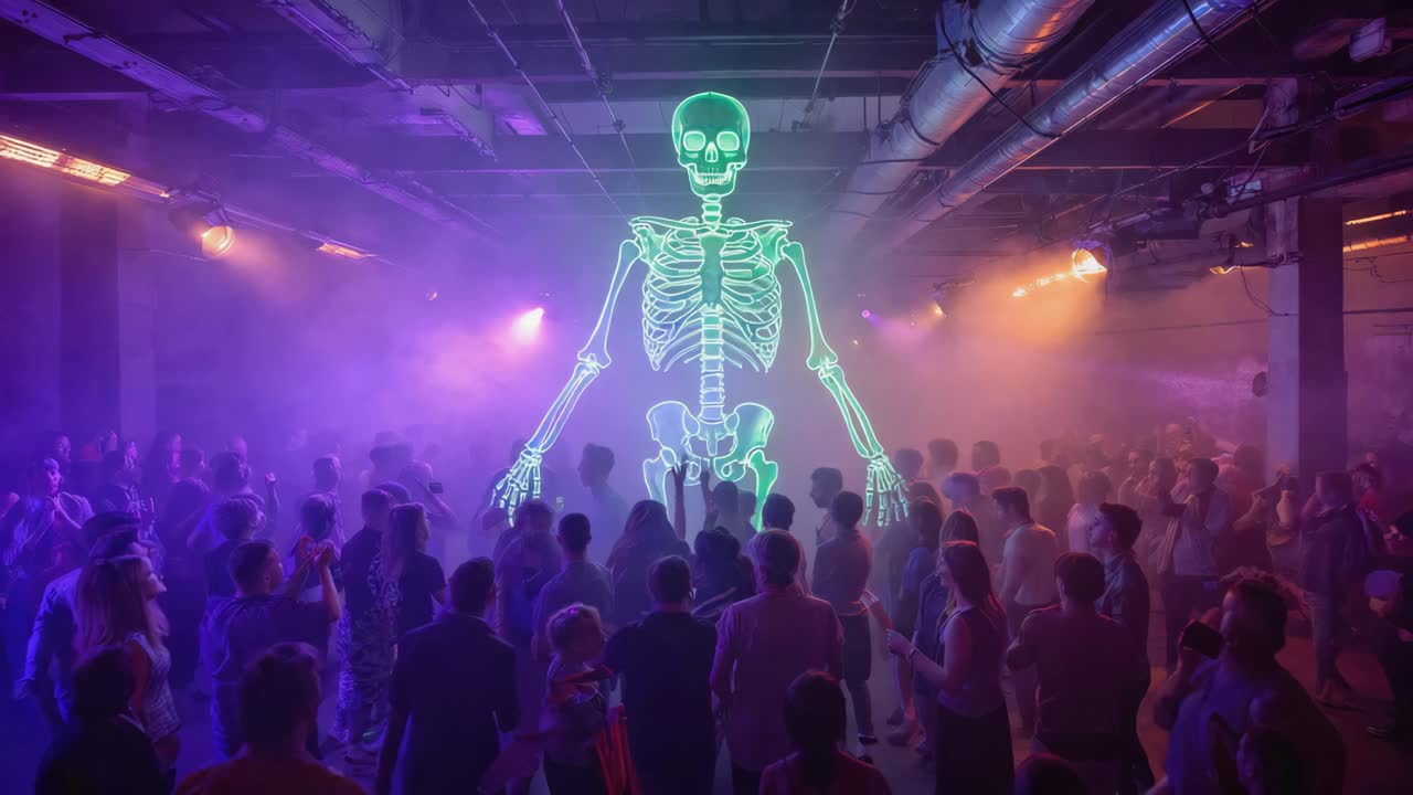 Crowd at a Rave with Neon Skeleton Hologram