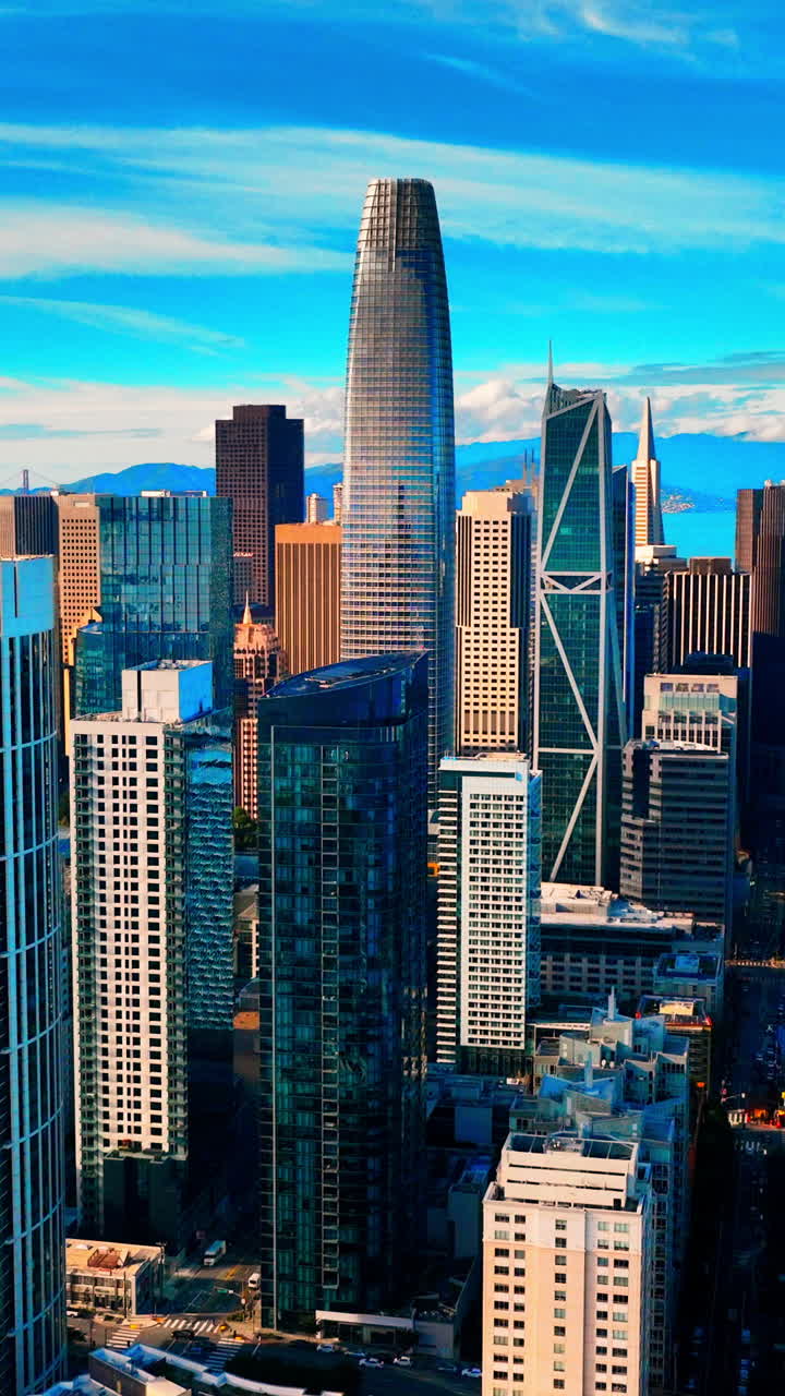 Architettura contemporanea ad alto sviluppo con facciate in vetro blu e disegni geometrici in un quartiere degli affari cittadino. Veduta aerea di moderni grattacieli a San Francisco. Video verticale