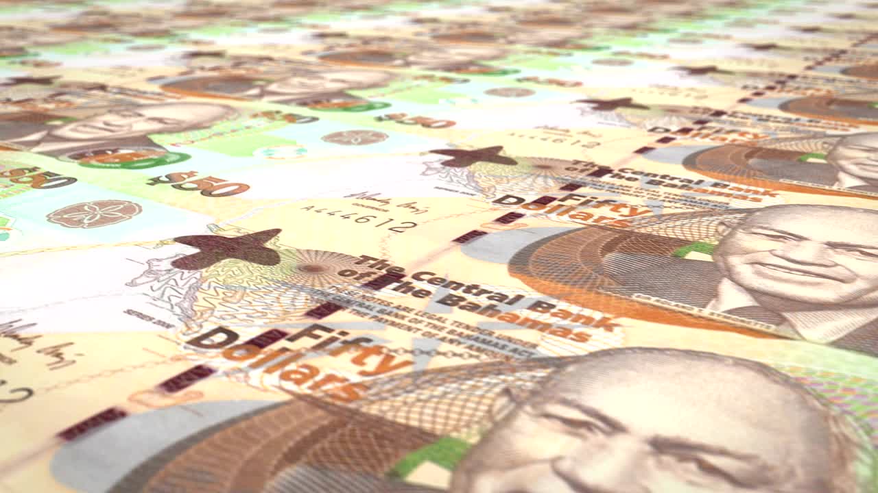 50 바하마 달러의 지폐가 화면에 굴러, 현금, 루프