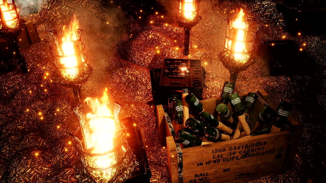 총알, 폭발물 상자, 무기와 탄약이 들어있는 군사 상자, 군사 창고가 다가오는 전쟁 분쟁을위한 무기로 가득 차 있습니다.