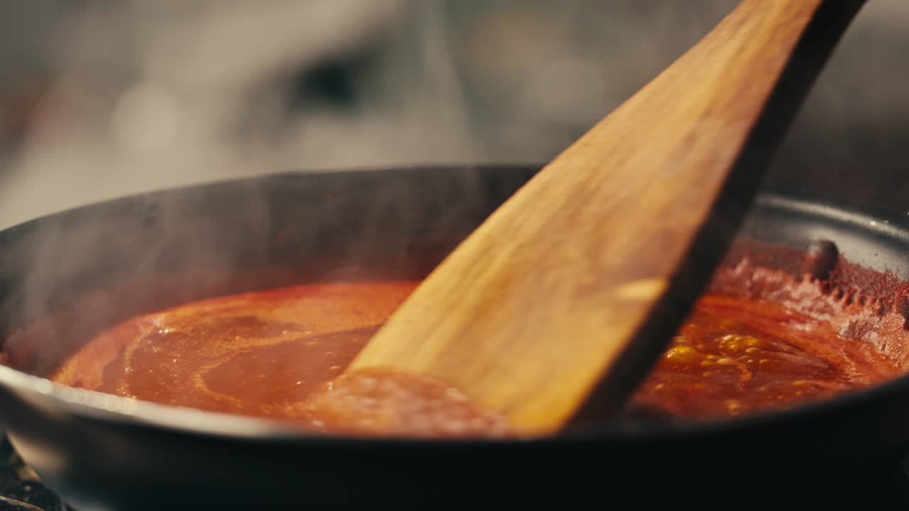 Chicken in tomato sauce is boiling on a frying pan with spices. Cooking tomato sauce curry with chicken fillet. Traditional Italian Mexican Asian dish. High quality studio shot for cafe, restaurant close up.