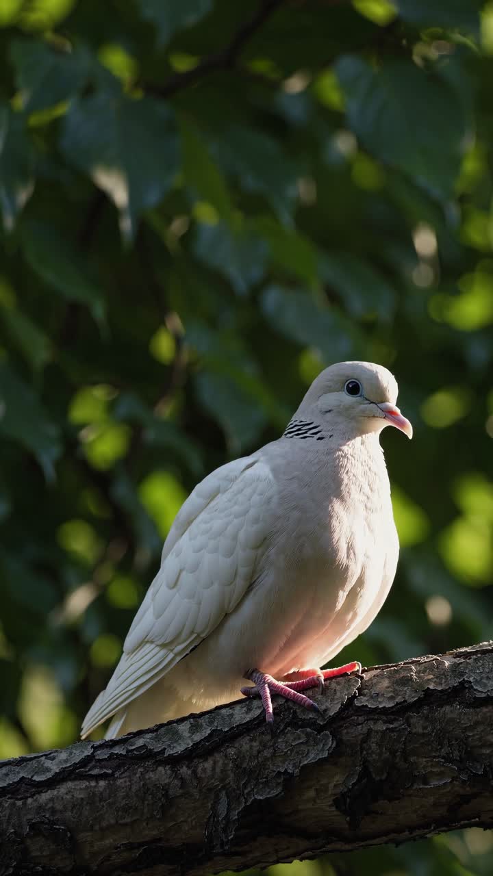 Una serena scena video che ritrae un uccello posato su un ramo, incorniciato da foglie verdi lussureggianti.