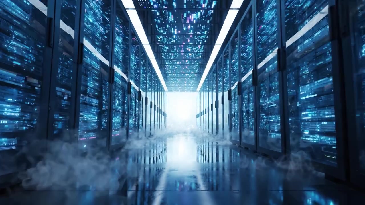 A Futuristic Data Center with Glowing Servers and a Bright Exit Illuminating the Path, Surrounded by a Mysterious Mist