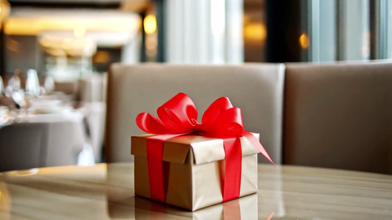 Gift Box with Red Ribbon on Restaurant Table